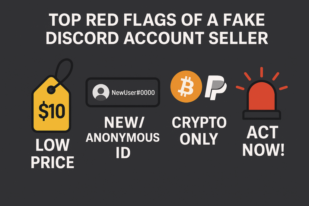 Set of icons visualizing Discord scam warning signs such as suspicious pricing, anonymous accounts, fake urgency, and crypto-only sellers