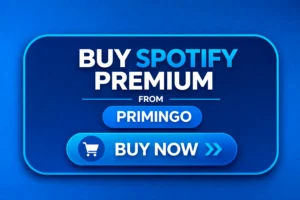 Buy Spotify Premium from Primingo with a clear blue CTA button and “Buy Now” option for instant purchase