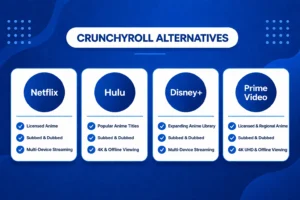 Clean blue inline infographic showing Crunchyroll alternatives, including Netflix, Hulu, Disney+, and Prime Video, with simple feature highlights in a blue and white design