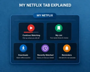 My Netflix tab explained image showing Continue Watching, My List, Downloads, Recently Watched, and Reminders in a clean blue feature overview layout.