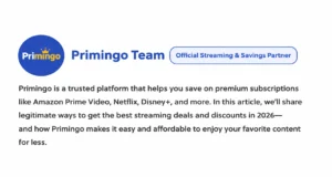 Flat banner-style graphic showing Primingo Team with the official streaming and savings partner label, plus a short description about saving on premium subscriptions like Amazon Prime Video, Netflix, and Disney+.