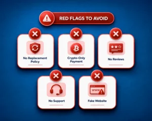 red flags reseller checklist infographic showing no replacement policy crypto payment no reviews no support fake website warnings