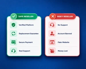 safe vs risky reseller comparison infographic showing verified platform vs fake seller risks Paramount Plus account safety guide