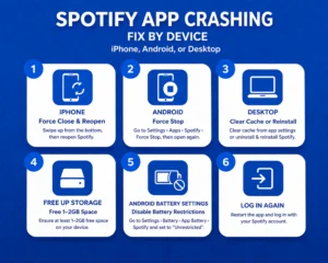 Simple infographic showing how to fix Spotify app crashing on iPhone, Android, and desktop with steps like force close, clear cache, free storage, and disable battery restrictions