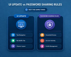Netflix UI update vs password sharing rules comparison image showing top navigation, My Netflix tab, and cleaner layout versus household access, account activity, and profile management.