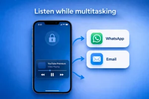 Royal blue infographic showing YouTube background play feature allowing users to listen while multitasking using apps like WhatsApp and email 