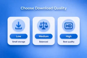 Royal blue infographic showing YouTube download quality options including low for small storage, medium for balanced use, and high for best video quality 