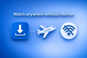 Royal blue infographic showing YouTube offline viewing with download icon, airplane symbol, and no internet sign for watching videos anywhere without connection 