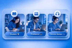 Royal blue infographic showing different YouTube Premium user types including student, freelancer, and remote worker using devices while listening and working 