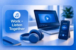 Royal blue lifestyle image showing laptop, headphones, and smartphone playing audio to demonstrate working while listening using YouTube Premium background play 