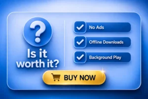Royal blue infographic showing YouTube Premium benefits including no ads, offline downloads, and background play with a golden buy now button for conversion